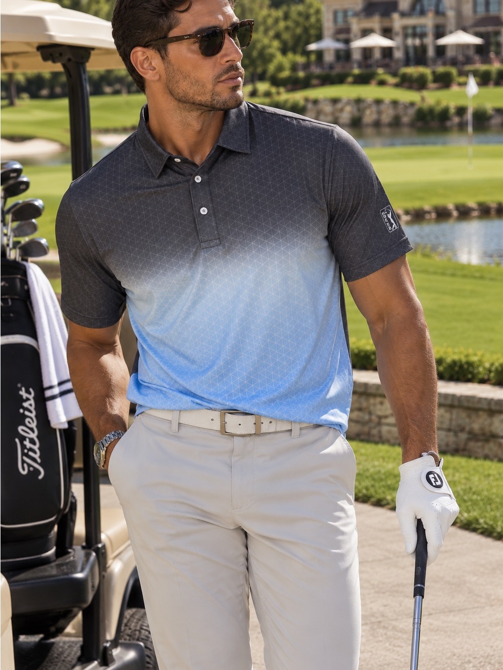 PGA Tour Charcoal to Sky Blue Ombre Golf Polo